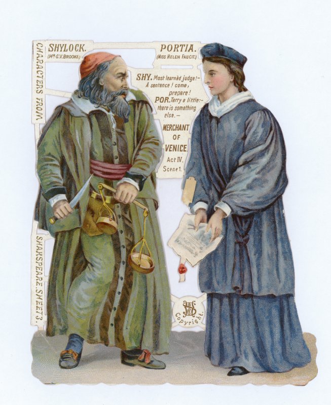 Udskæring af Shylock og Portia fra The Merchant of Venice af English School