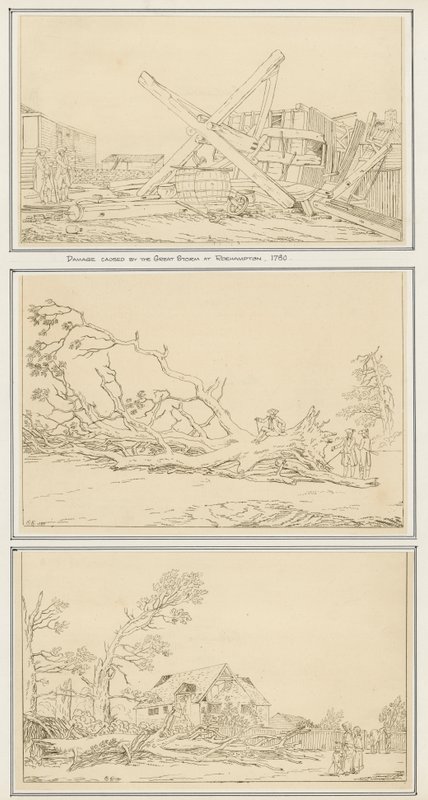 Skader forårsaget af den store storm ved Roehampton, 1780 (blæk på papir) af English School