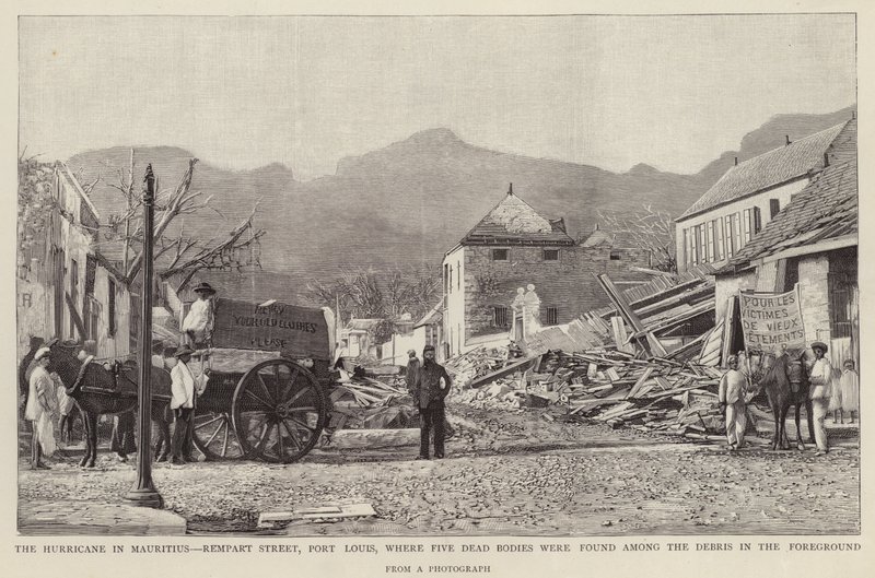 Mauritius-cyklonen i 1892 forårsagede skade på Rempart Street, Port Louis. af English School