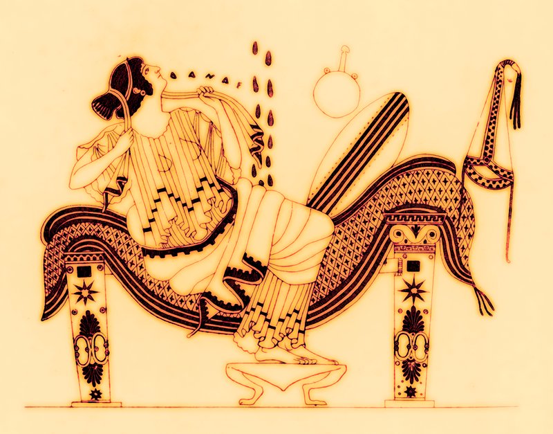 Danae and the golden shower, illustration from "Greek Vase Paintings" by J. E. Harrison and D. S. MacColl, published 1894dani af English School