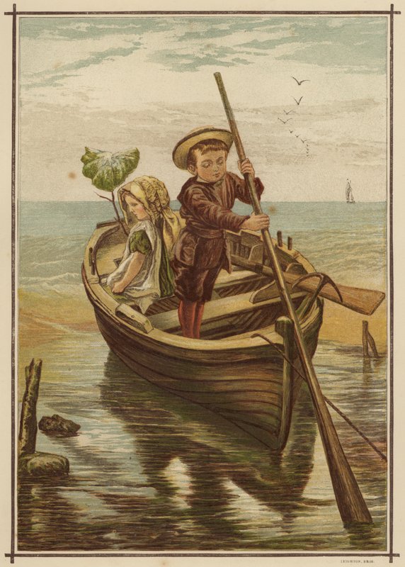 Dristende flugt: dreng og pige tager af sted fra en strand i en båd (farve litho) af English School