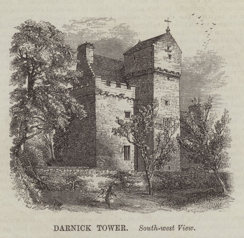 Darnick Tower, sydvestlig udsigt (gravering) af English School