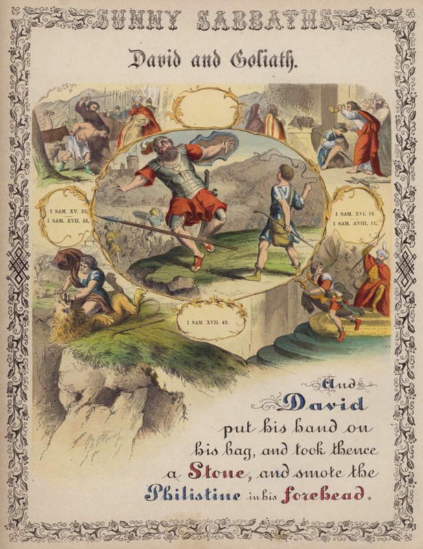 David og Goliat (farvet gravering) af English School