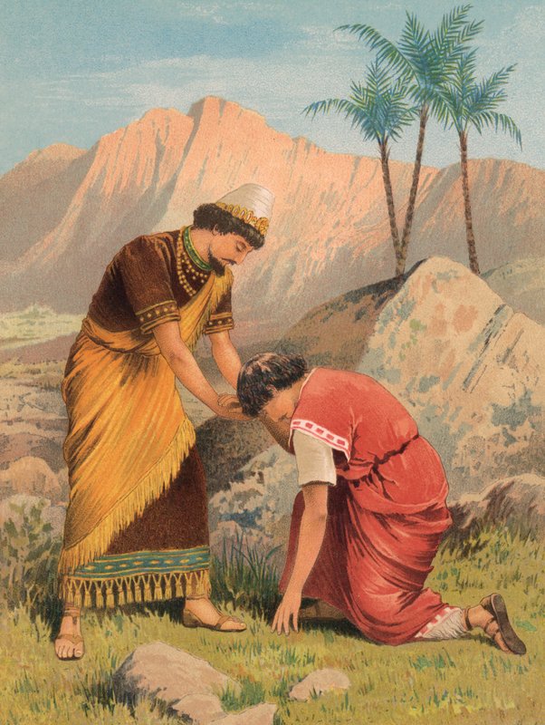 David og Jonathan, I Samuel, XX (farve litho) af English School