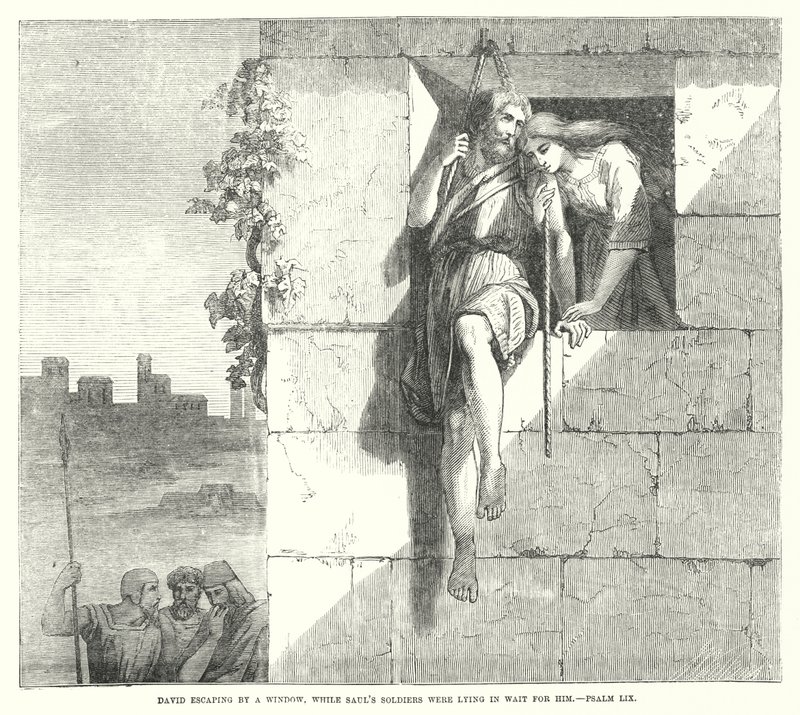 David flygtede ad et vindue, mens Sauls soldater lå i Vent på ham, Salme LIX (gravering) af English School