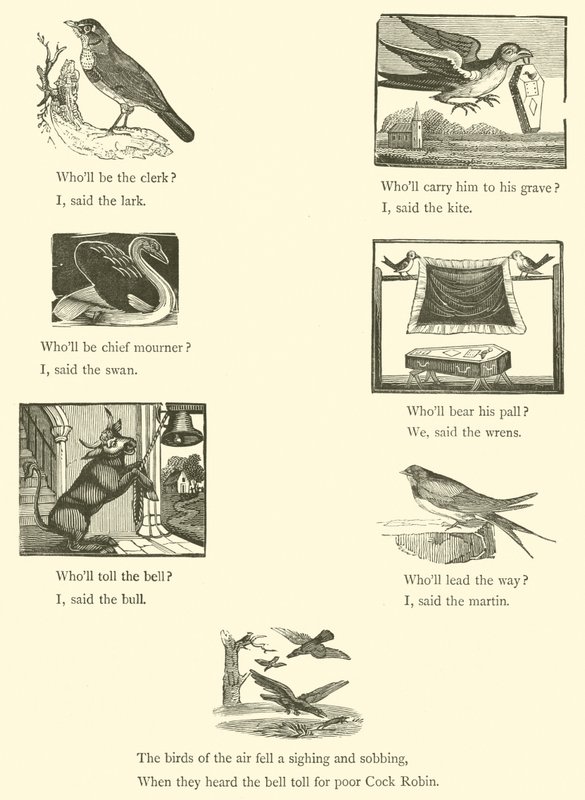 Cock Robins død og begravelse (træsnit) af English School