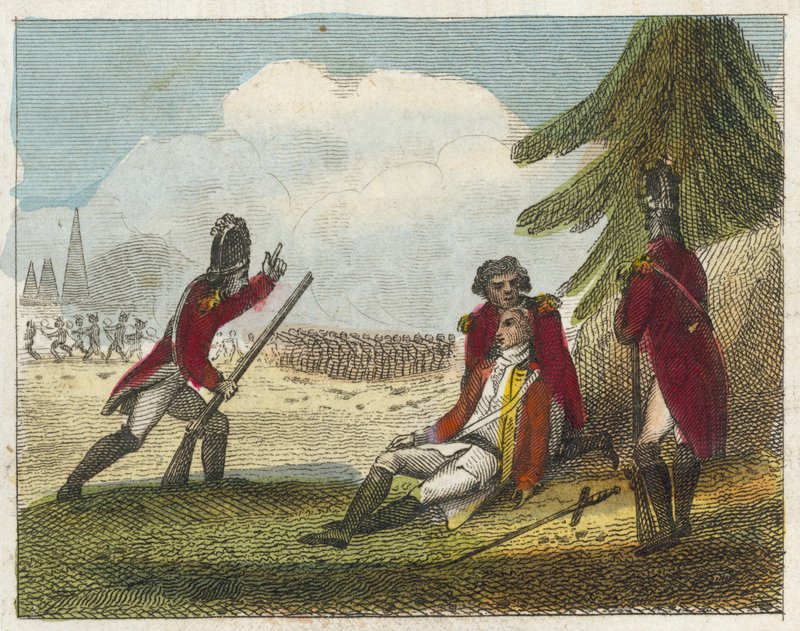 General Wolfes død (farvelagt kobberstik) af English School