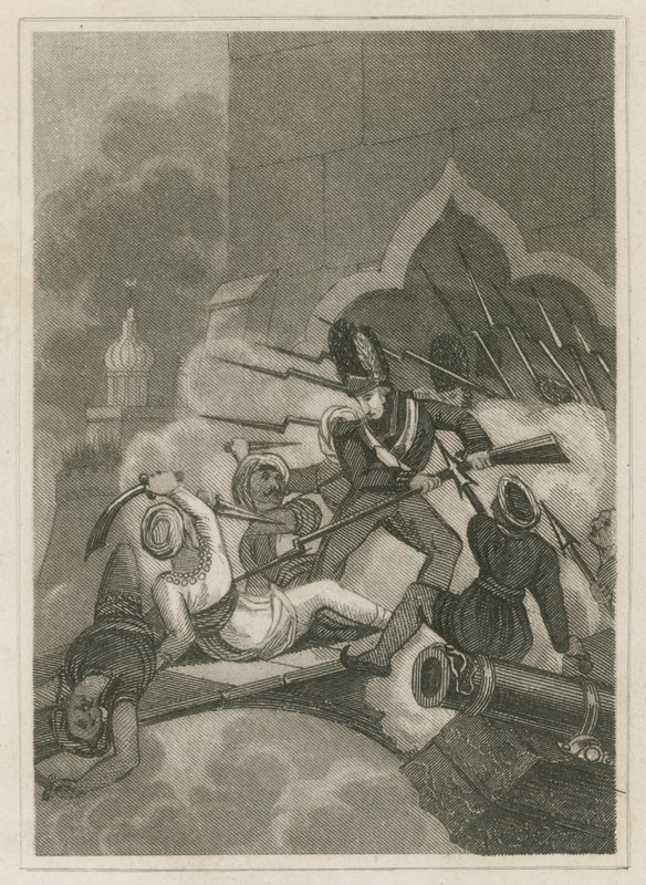 Tippoo Sahibs død ved belejringen af Serigapatam, Indien, 1799 af English School