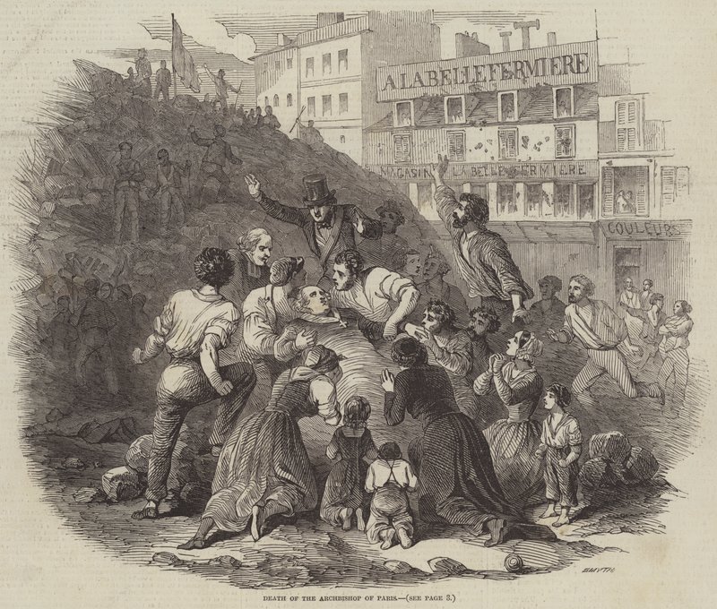 Ærkebiskoppen af Paris død (gravering) af English School