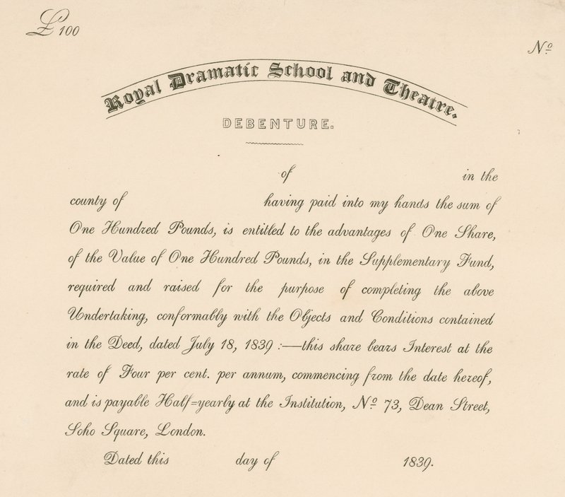 Gældsbrev for Royal Dramatic School and Theatre, 73 Dean Street, Soho Square, London af English School