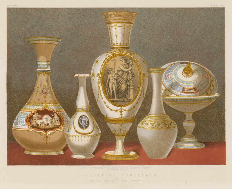 Dekorativt porcelæn af Mrs Battam and Son, London af English School