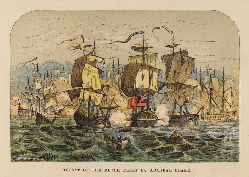Admiral Blakes nederlag til den hollandske flåde (koloreret kobberstik) af English School