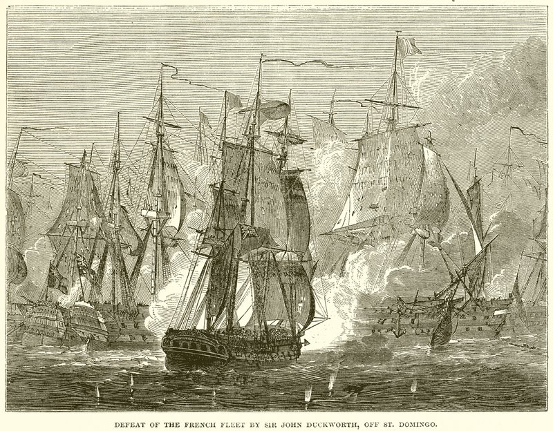 Den franske flådes nederlag af Sir John Duckworth ud for St. Domingo af English School