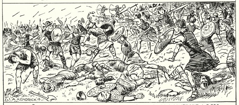 Vestsaksernes nederlag ved Mount Budon, Somerset, AD 500 (litografi) af English School