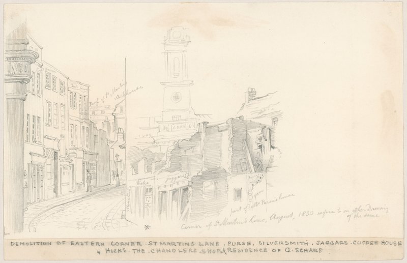 Nedrivning af Eastern Corner, St Martins Lane, London af English School
