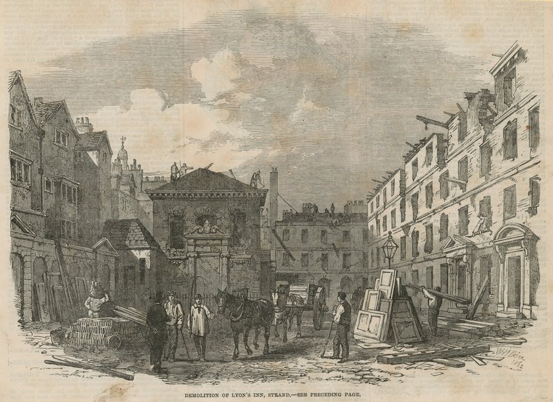 Nedrivning af Lyons Inn, Strand, London af English School