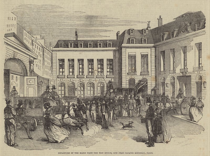 Posternes afgang fra postkontoret, Rue Jean Jacques Rousseau, Paris (gravering) af English School
