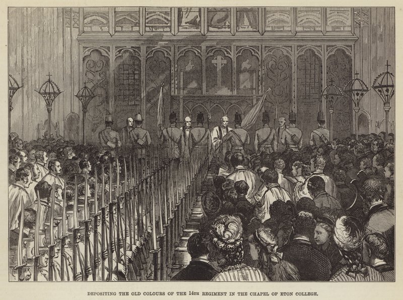 Deponering af de gamle farver fra det 14. regiment i Chapel of Eton College (gravering) af English School