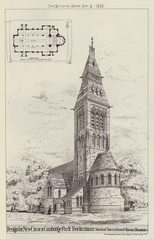 Design til New Church, Cambridge Park, Twickenham, Sketch of Tower og Chancel (gravering) af English School