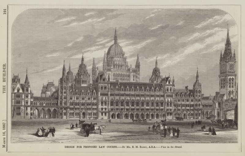 Design for Proposed Law Courts, af hr. EM Barry, ARA, View in the Strand (gravering) af English School