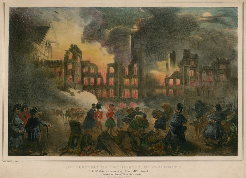 Ødelæggelse ved brand af parlamentets huse den 16. oktober 1834, set fra Henrik VIIIs kapel af English School
