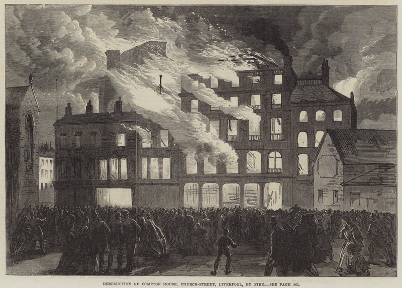 Ødelæggelse af Compton House, Church-Street, Liverpool, ved brand (gravering) af English School