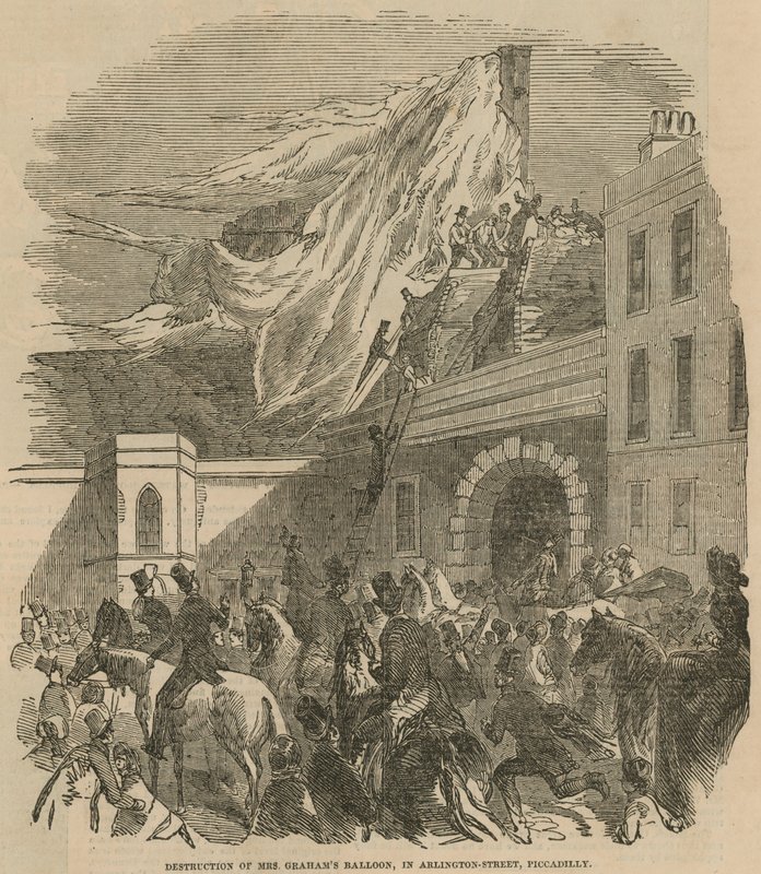Ødelæggelse af Mrs Grahams ballon i Arlington Street, Piccadilly af English School