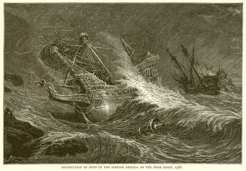 Ødelæggelse af skibe fra den spanske armada på den irske kyst, 1588 af English School