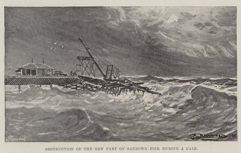 Ødelæggelse af den nye del af Sandown Pier under en kuling (gravering) af English School