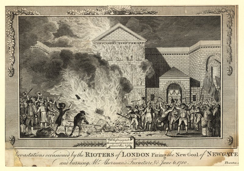 Ødelæggelser forårsaget af oprørerne i London affyring af New Gaol of Newgate og afbrænding af Mr Akermans Furniture, 6. juni 1780 af English School