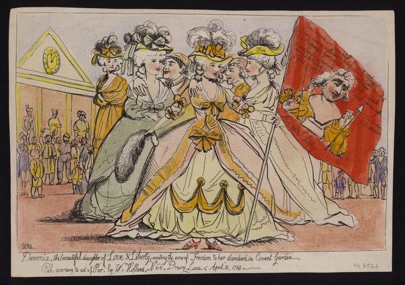 Devonia, kærlighedens og frihedens smukke datter, inviterer frihedens sønner til sin standard i Covent Garden: politisk satire over hertuginden af Devonshires støtte til Charles James Fox af English School