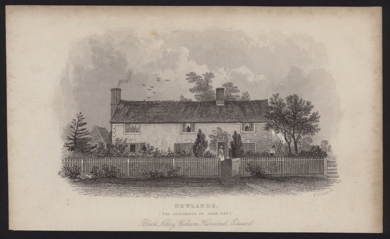 Dewlands, John Rays bolig, Black Notley, Witham Hundred, Essex (kobberstik) af English School
