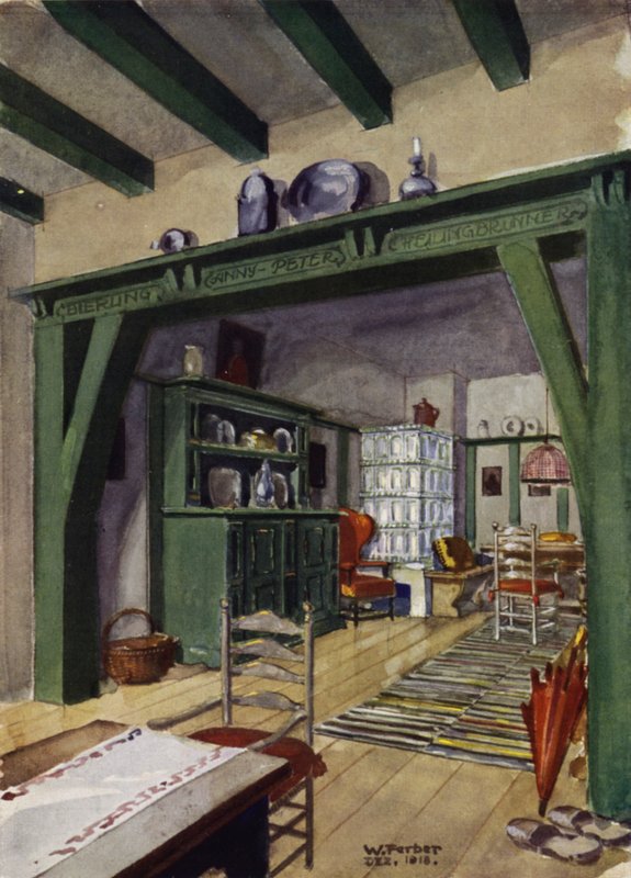 Spisestue og stue i et landsted (farve litho) af English School