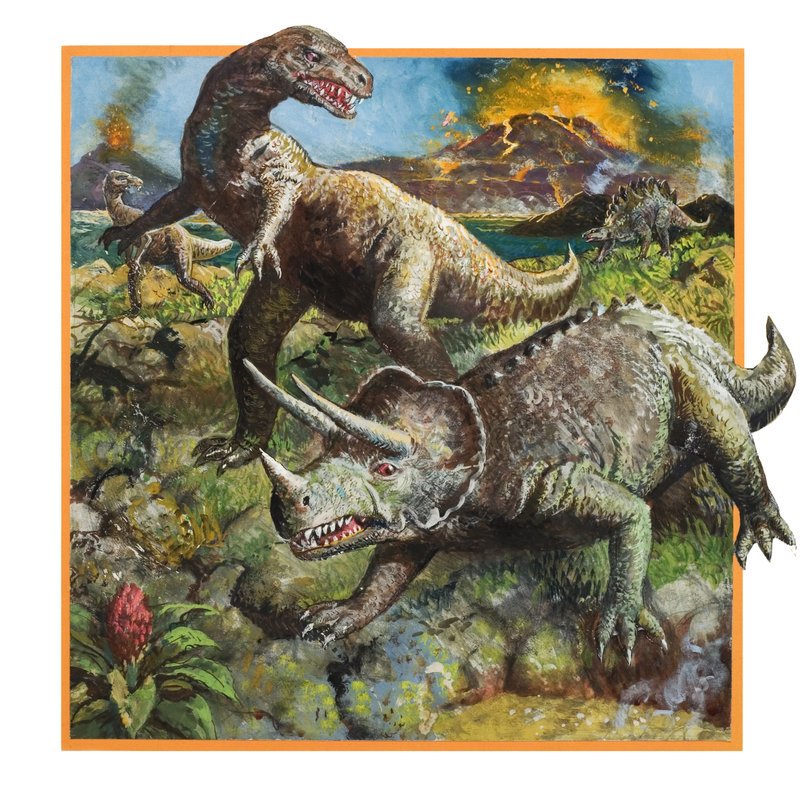 Dinosaurer med vulkan (gouache på papir) af English School