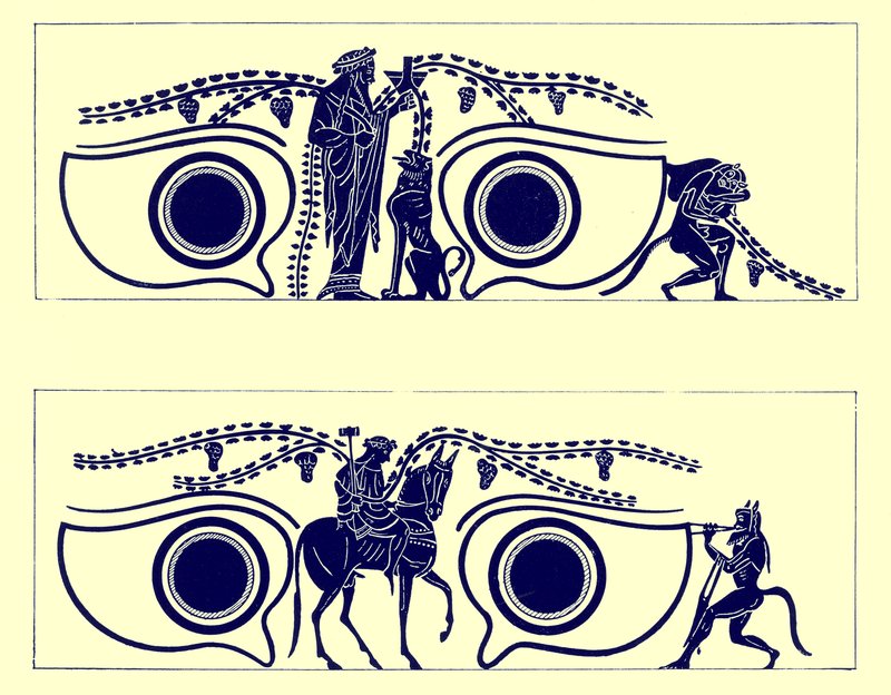 Dionysos, Hephaistos and Satyrs, illustration fra græske vasemalerier af J. E. Harrison og D. S. MacColl, udgivet 1894 (digitalt forbedret billede) af English School
