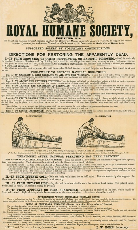 Vejledning til genoprettelse af de tilsyneladende døde; udstedt af Royal Humane Society, maj 1872 af English School