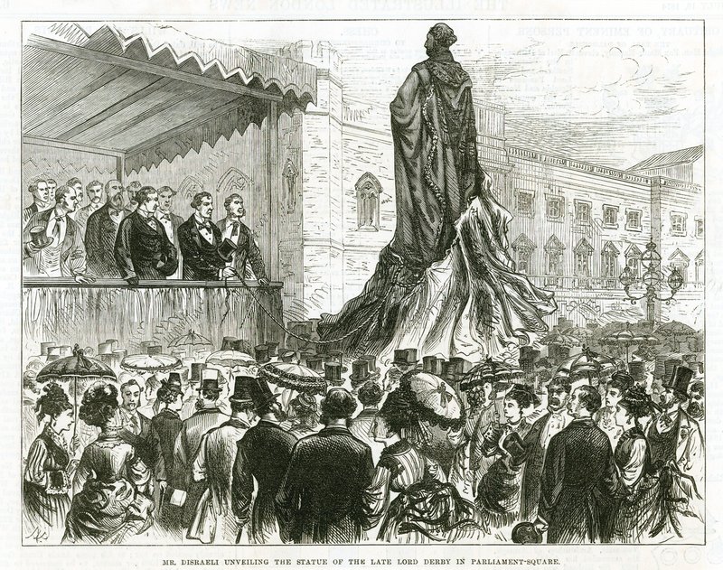 Disraeli afslører statuen af den afdøde Lord Derby på Parliament Square, Westminster af English School