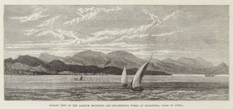 Fjernsyn over Laurium-bjergene og malmsmeltningsværker ved Ergasteria, Attika-kysten (gravering) af English School