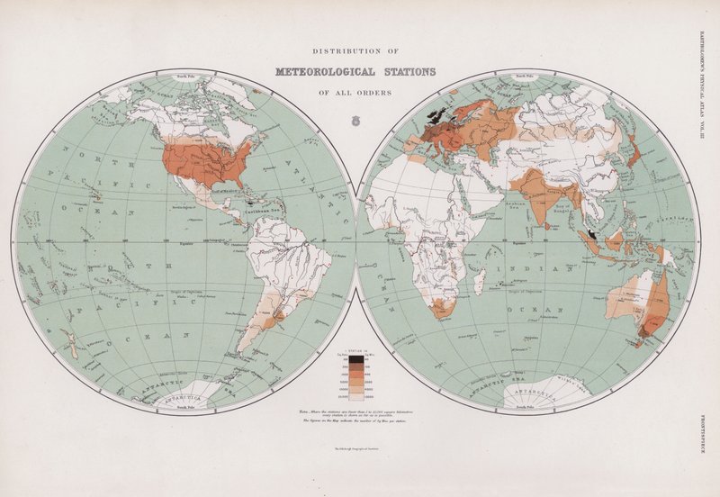 Fordeling af meteorologiske stationer af alle ordener (farvelitografi) af English School