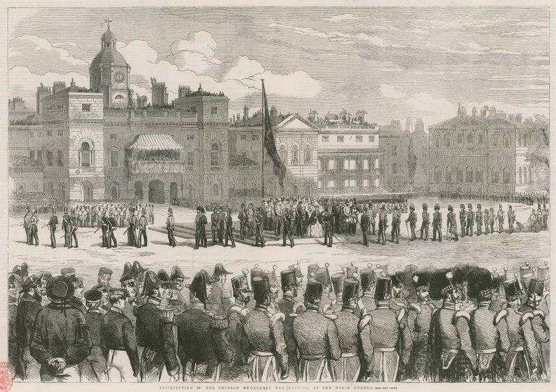 Uddeling af Krim-medaljerne ved Hendes Majestæt ved Hestevagten af English School