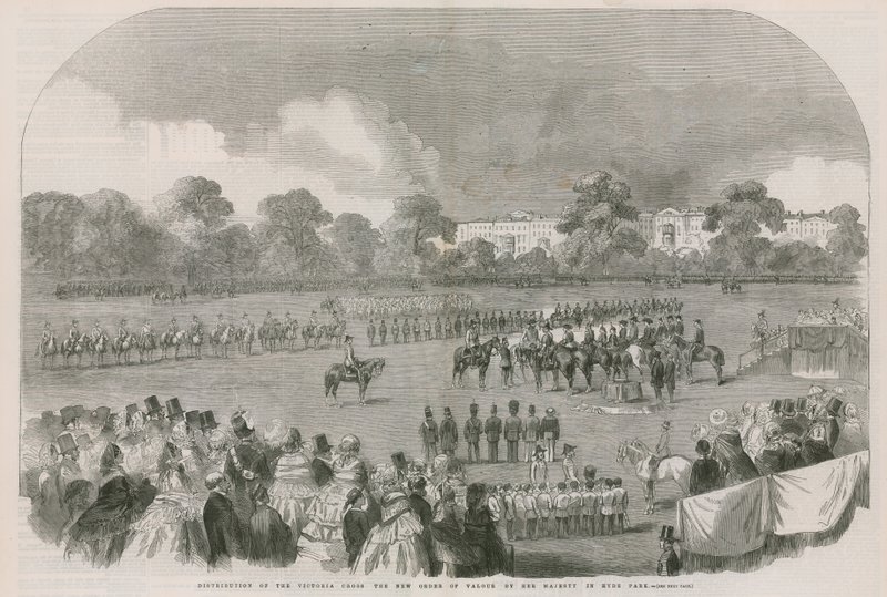 Uddeling af Victoria Cross, den nye tapperhedsorden, af Hendes Majestæt i Hyde Park af English School