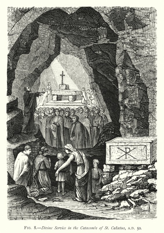 Gudstjeneste i katakomberne i St. Calixtus, AD 50 (gravering) af English School