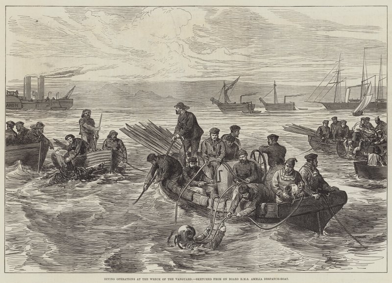 Dykkeroperationer ved the Wreck of the Vanguard, skitseret fra ombord på HMS Amelia Despatch-Boat (gravering) af English School
