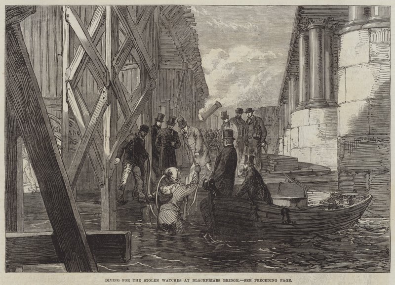 Dykning efter de stjålne ure ved Blackfriars Bridge (gravering) af English School