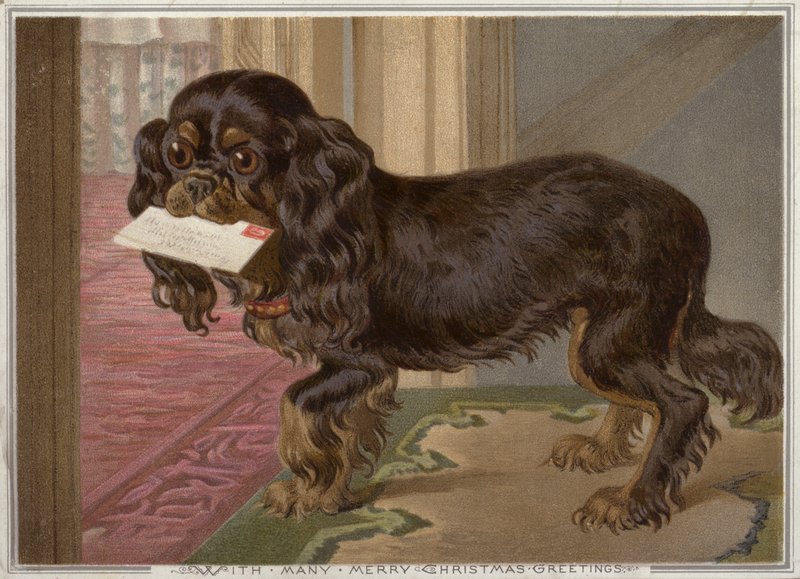 Hund med et bogstav i munden (chromolitho) af English School