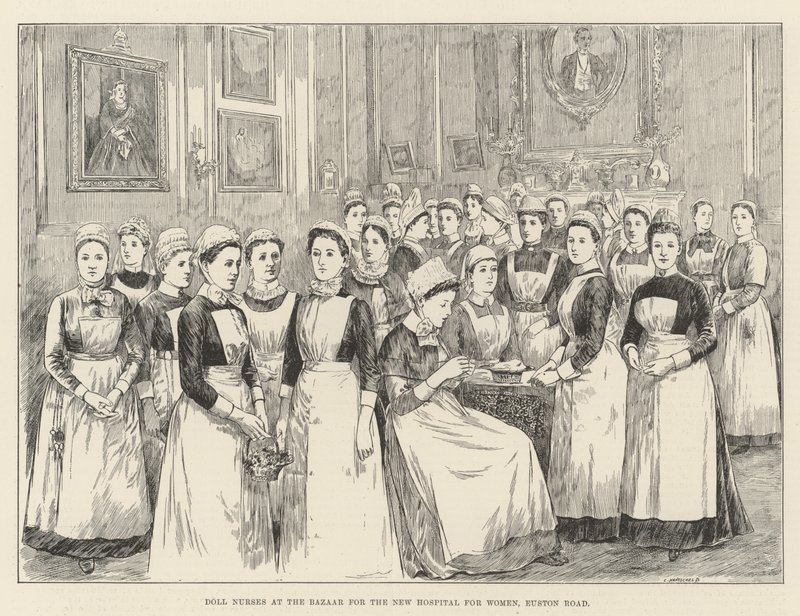 Dukkesygeplejersker på basaren for det nye hospital for kvinder, Euston Road (gravering) af English School