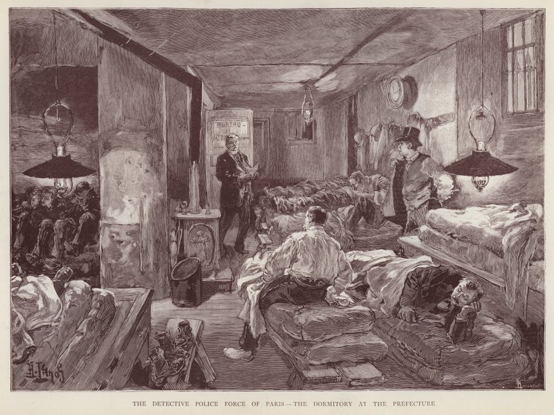 Sovesal ved politipræfekturet for Paris, Frankrig (litho) af English School