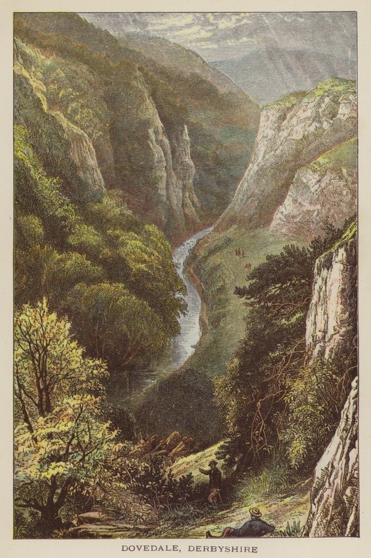Dovedale, Derbyshire (farvet gravering) af English School