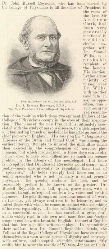 Dr J Russell Reynolds, FRS, den nye præsident for College of Physicians (gravering) af English School