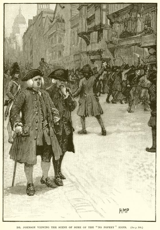 Dr. Johnson ser på scenen for nogle af No Popery Riots af English School